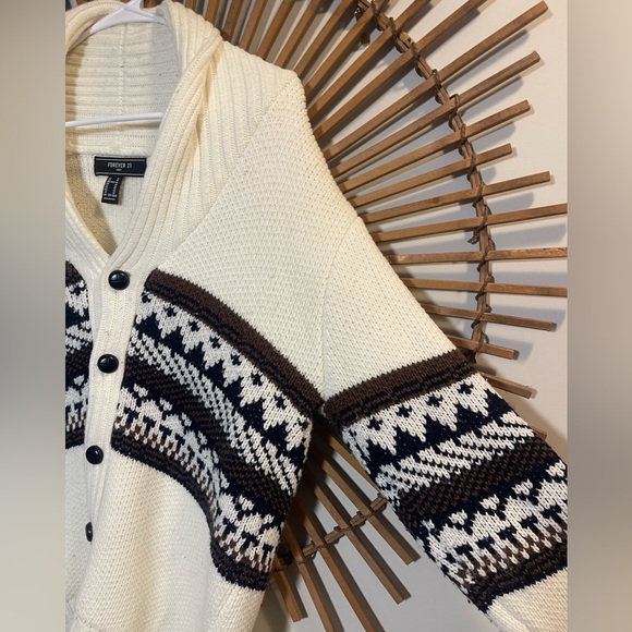 Forever 21 Men’s Cream and Black Shawl Collar Cardigan Canincore Après-Ski M - Picture 2 of 13